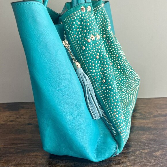 •SOLD•| Green Studded Embellishing Large Tote Fringe Contrast Lining - VG - Picture 8 of 9